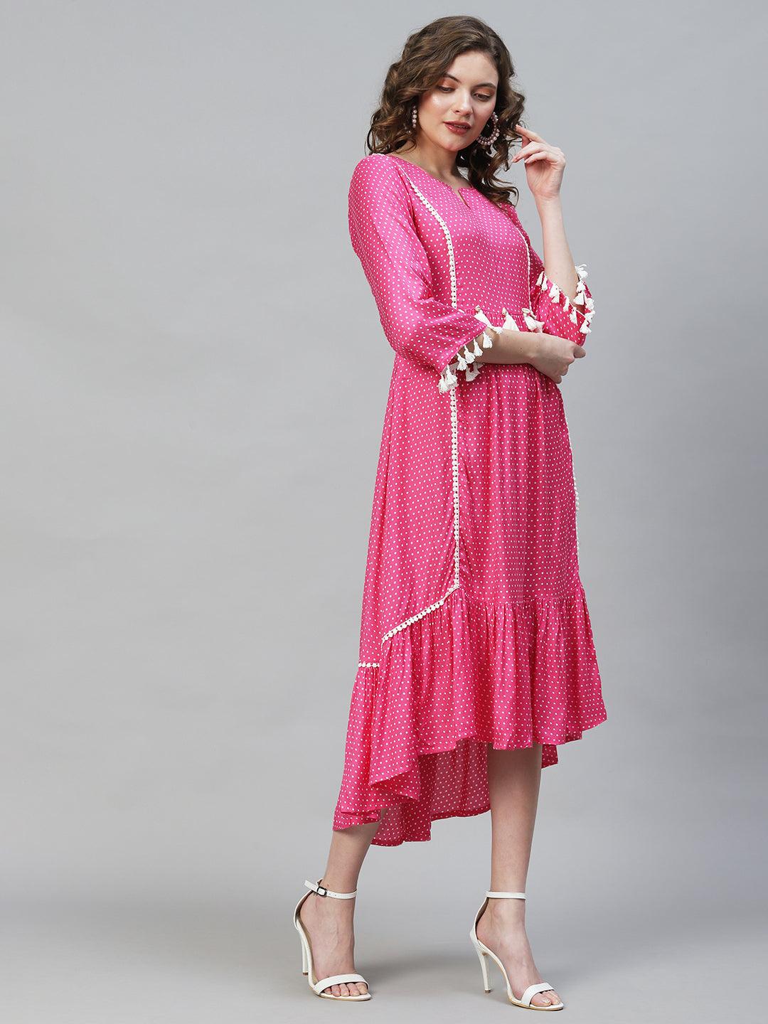 Polka Dot Printed Flared Midi Dress - Hot Pink - Indiakreations