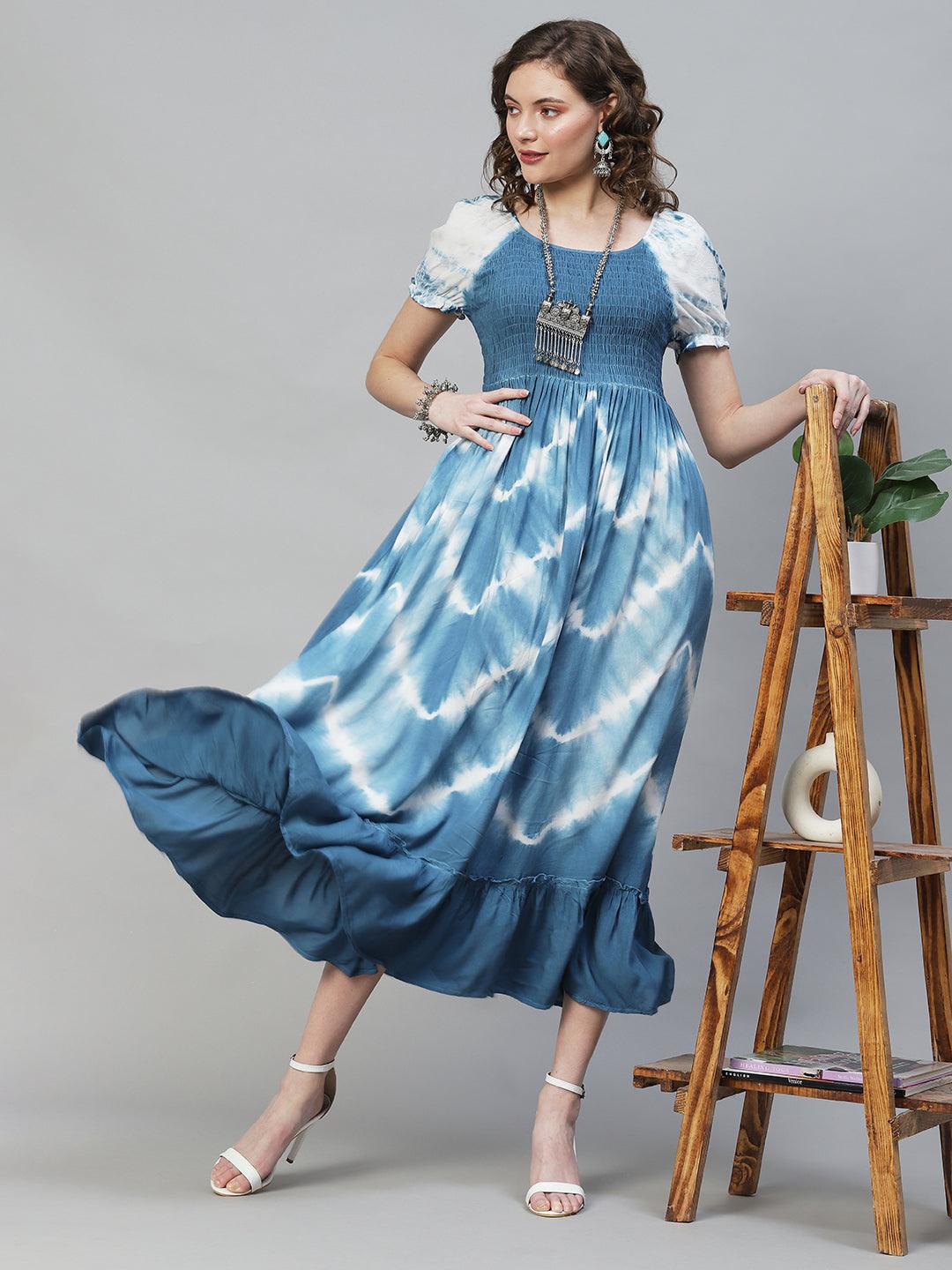 Tie-Dyed Smocking Flared Maxi Dress - Blue - Indiakreations