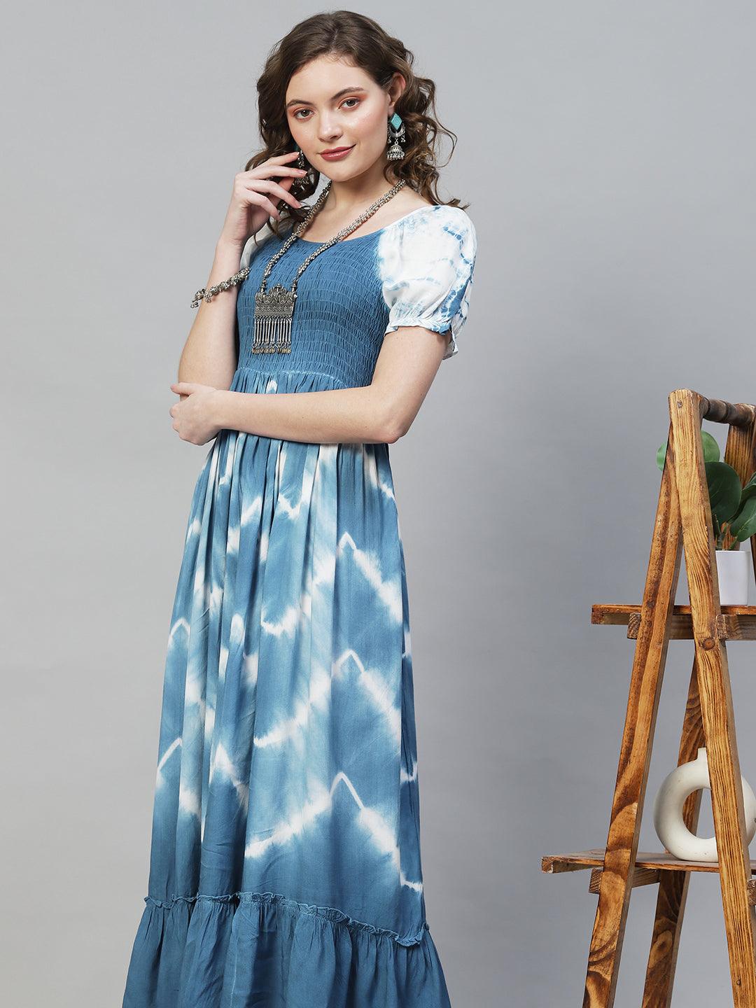 Tie-Dyed Smocking Flared Maxi Dress - Blue - Indiakreations