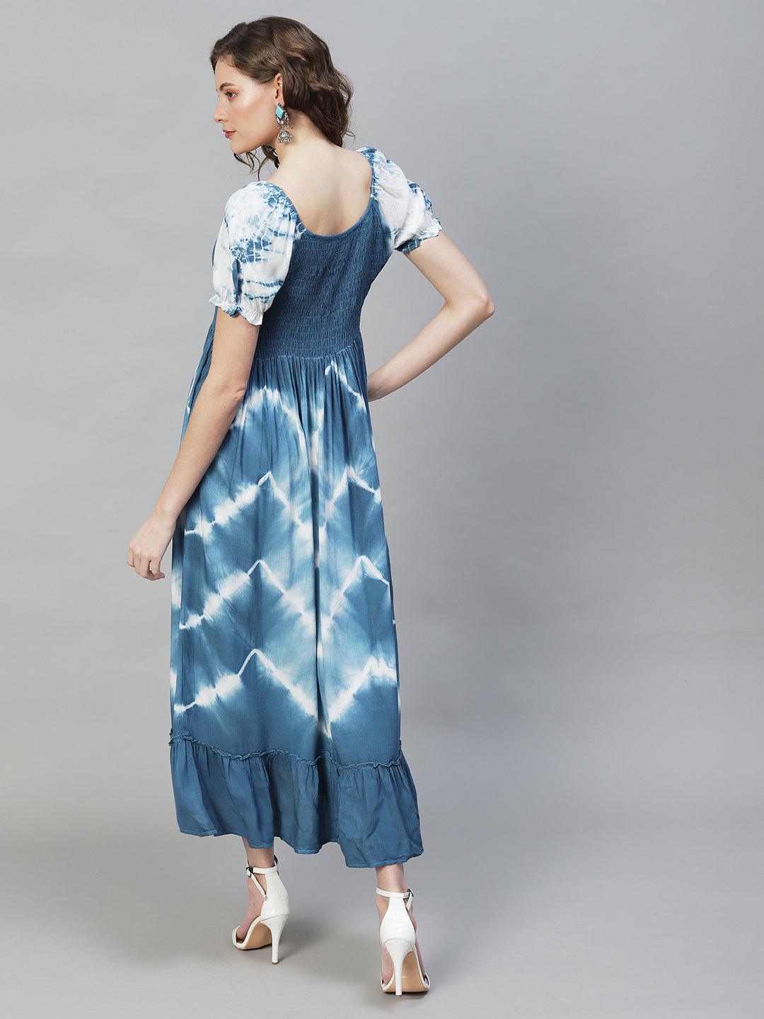 Tie-Dyed Smocking Flared Maxi Dress - Blue - Indiakreations