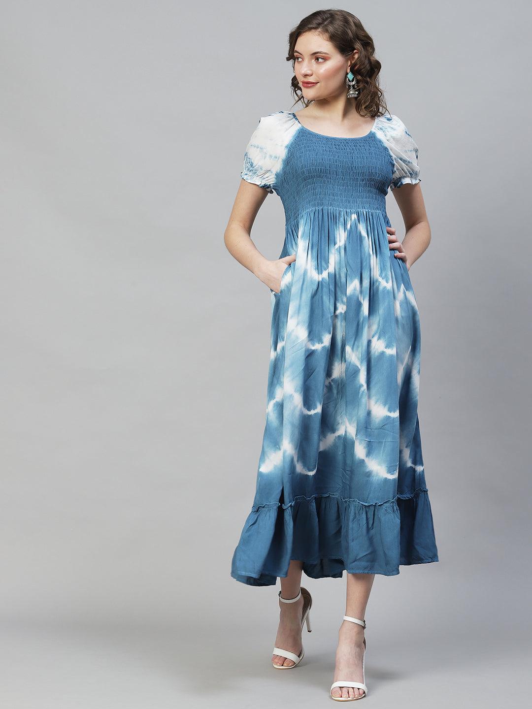 Tie-Dyed Smocking Flared Maxi Dress - Blue - Indiakreations