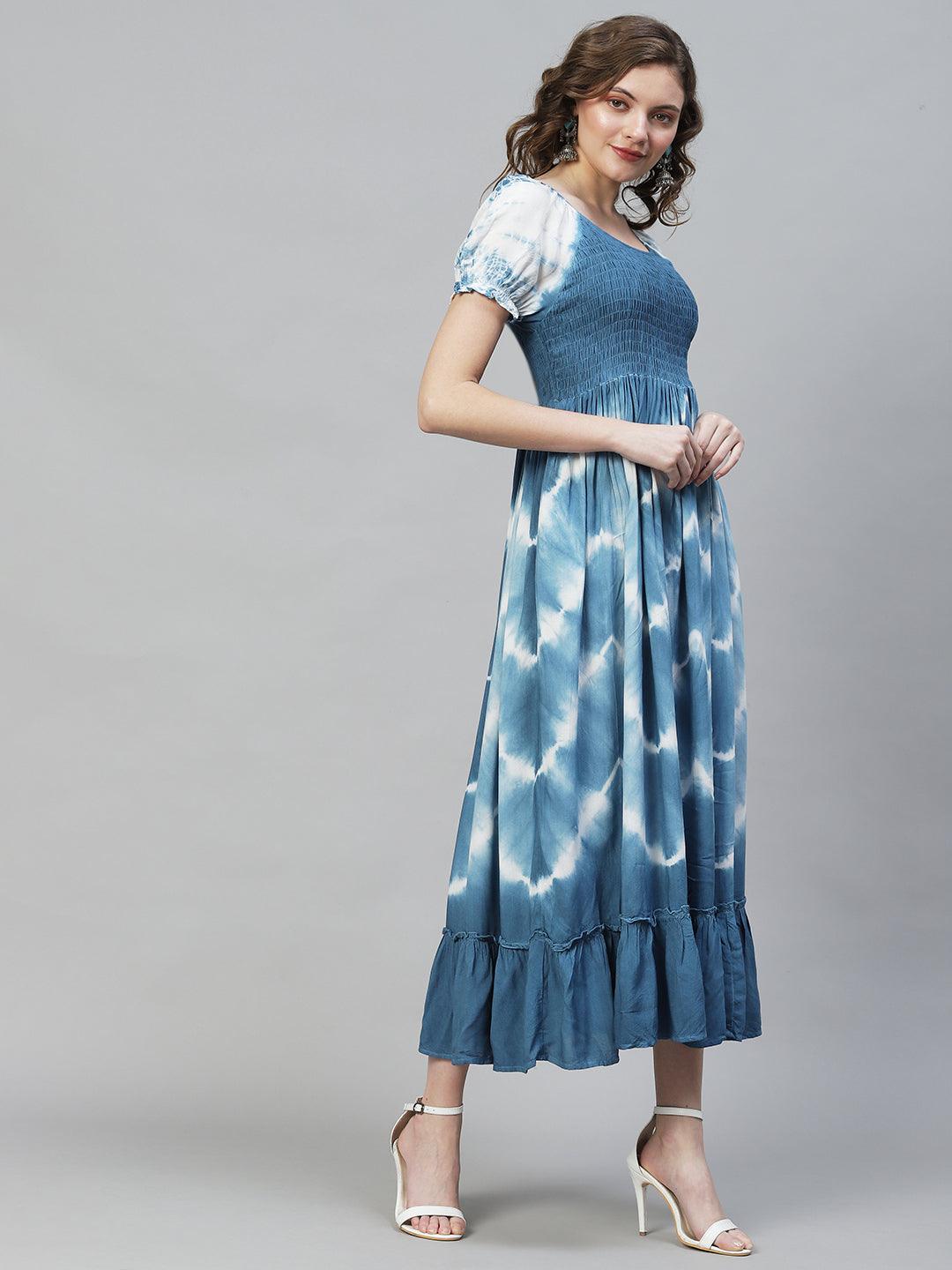 Tie-Dyed Smocking Flared Maxi Dress - Blue - Indiakreations