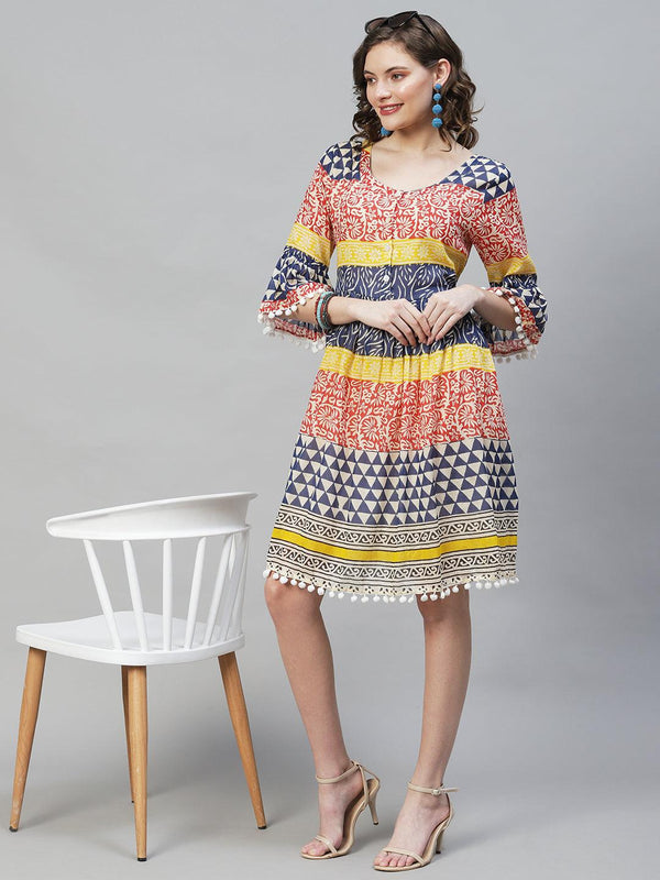 Ethnic Printed Flared Midi Dress - Multi - Indiakreations