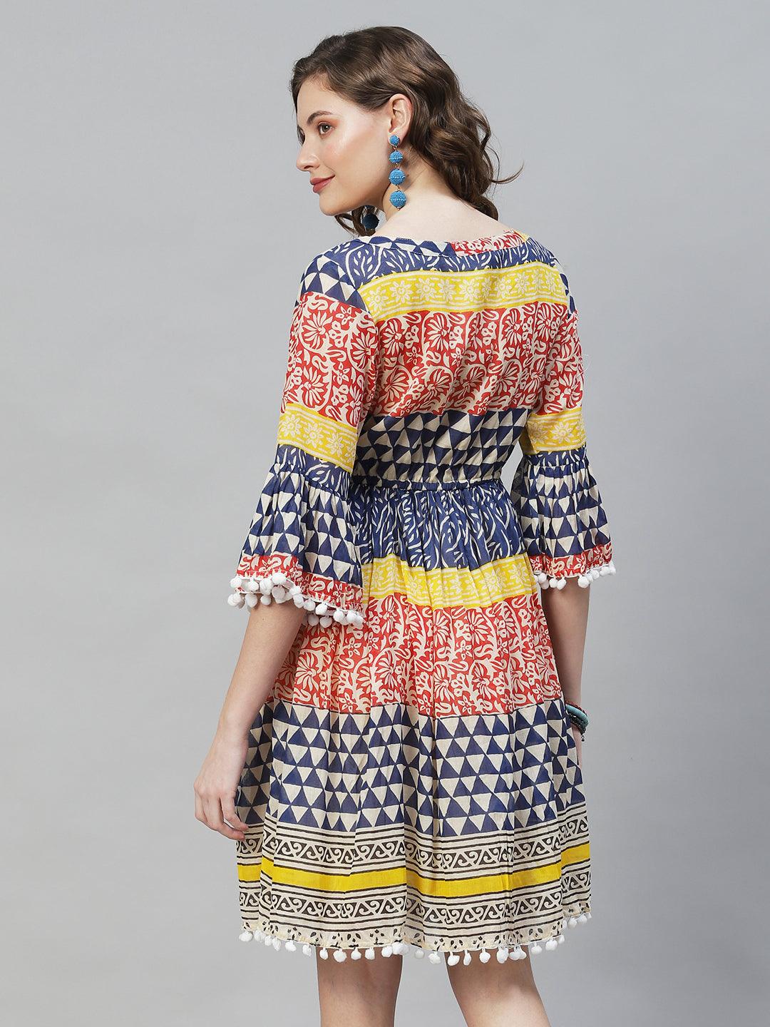 Ethnic Printed Flared Midi Dress - Multi - Indiakreations