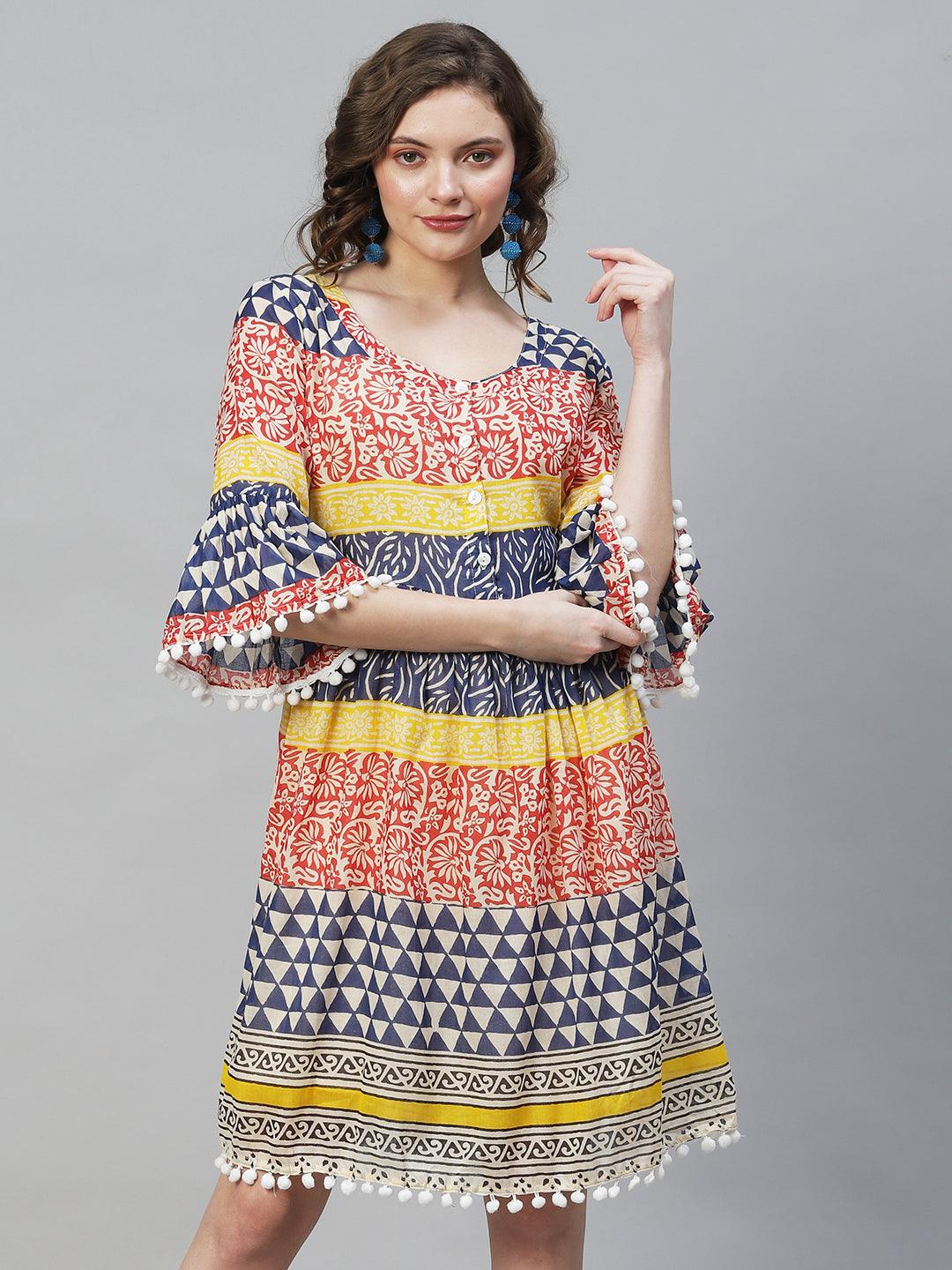 Ethnic Printed Flared Midi Dress - Multi - Indiakreations