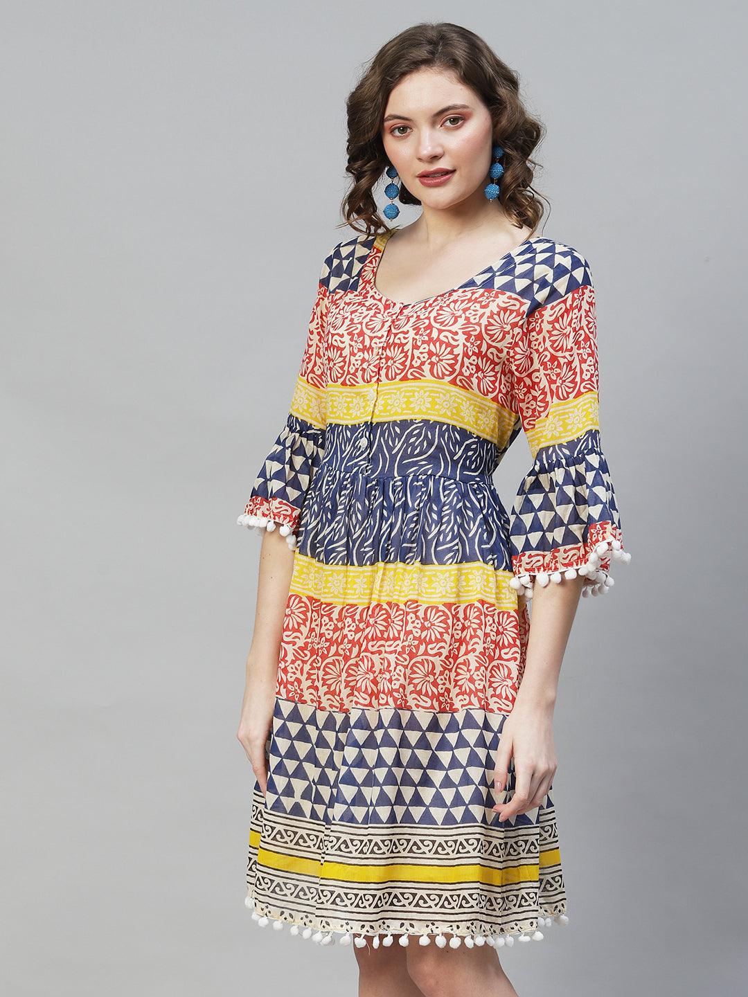 Ethnic Printed Flared Midi Dress - Multi - Indiakreations