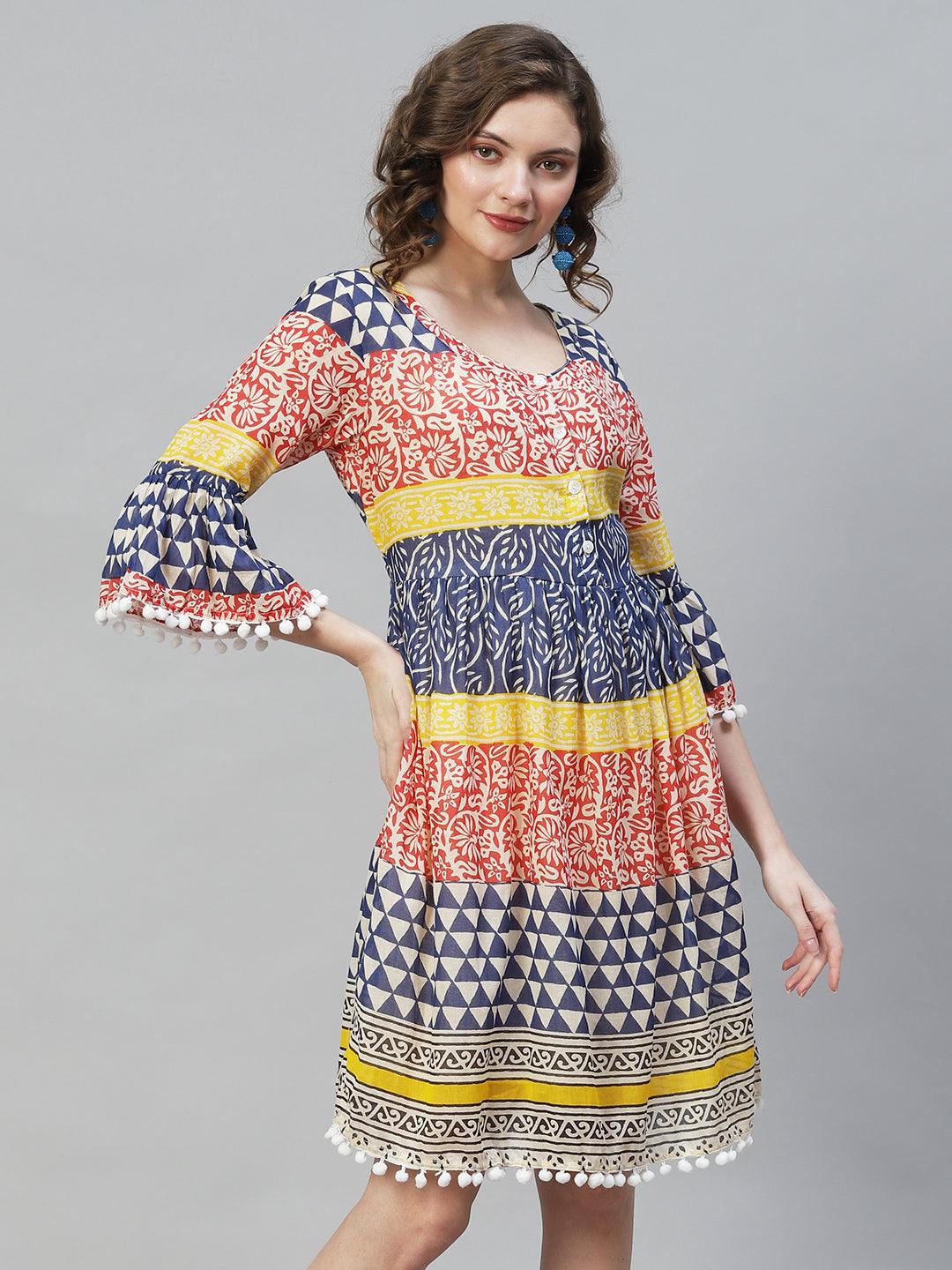 Ethnic Printed Flared Midi Dress - Multi - Indiakreations