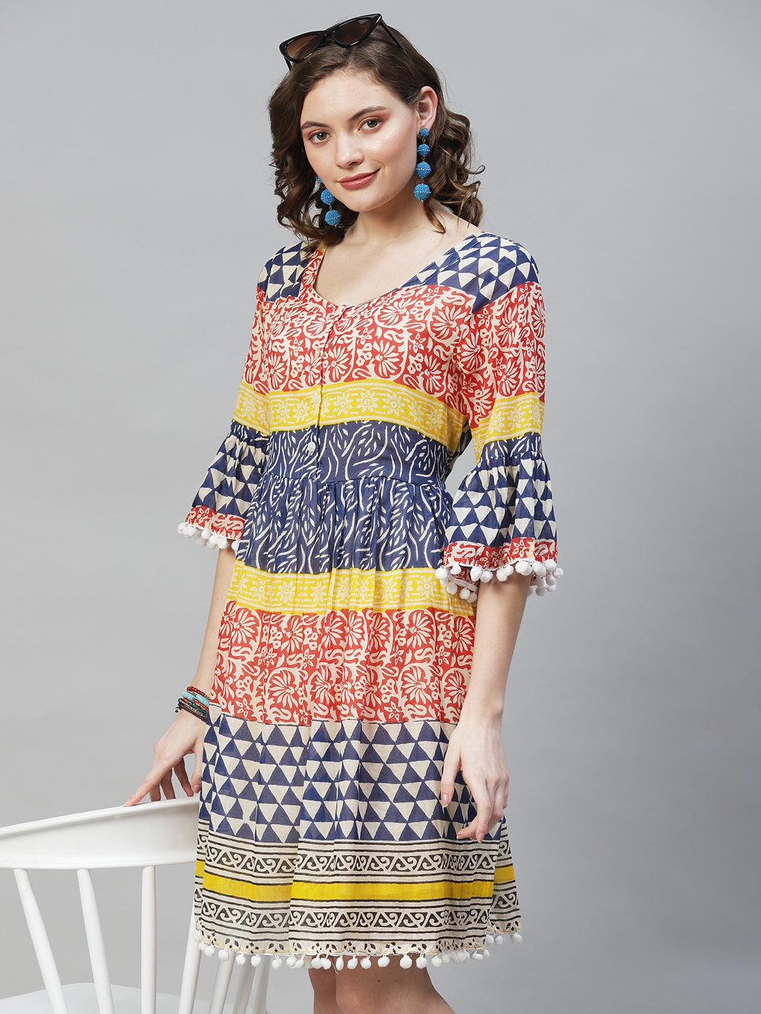 Ethnic Printed Flared Midi Dress - Multi - Indiakreations