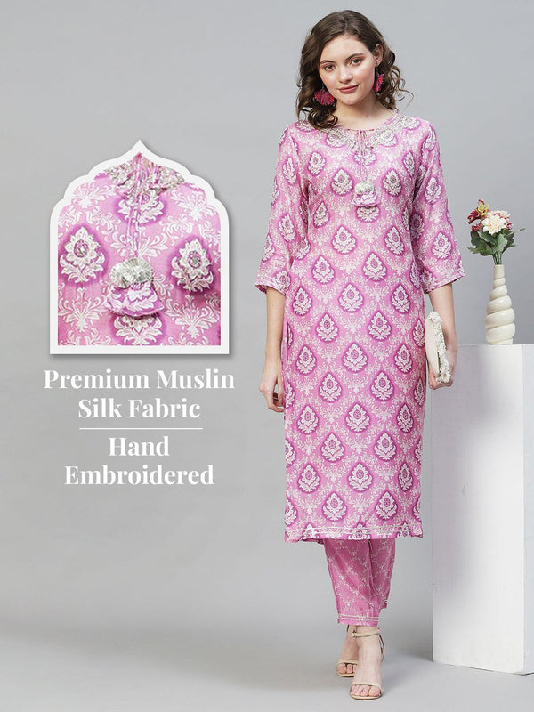 Ethnic Printed & Hand Embroidered Straight Fit Kurta with Pants - Purple - Indiakreations