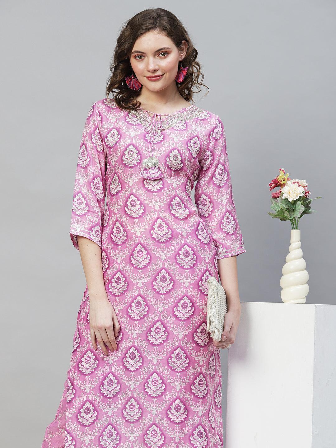 Ethnic Printed & Hand Embroidered Straight Fit Kurta with Pants - Purple - Indiakreations