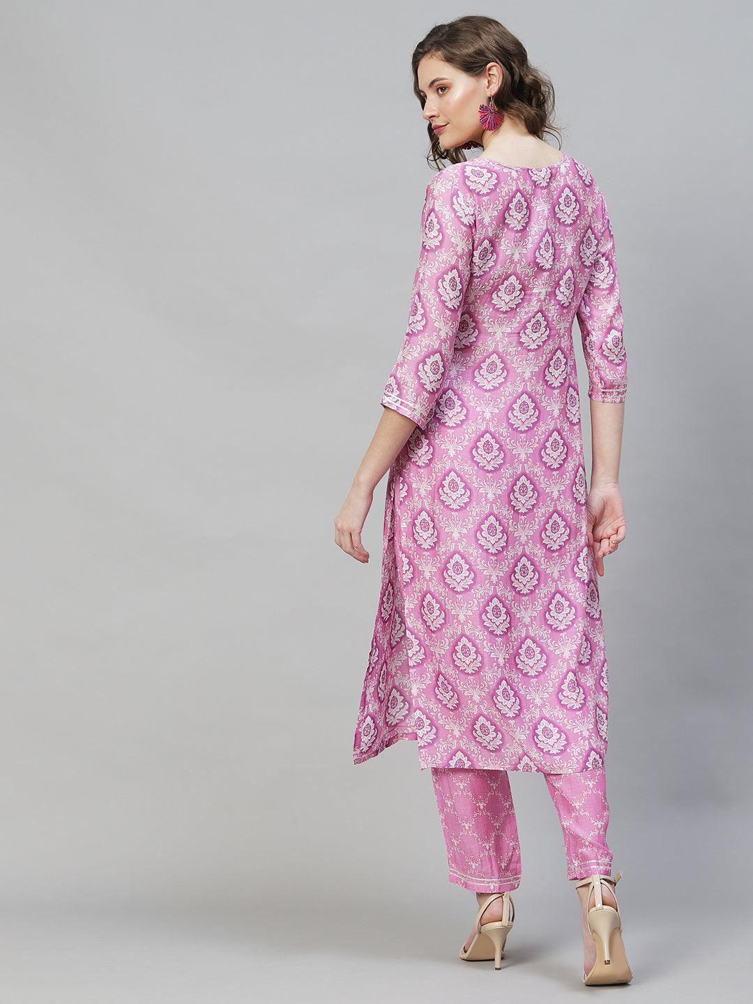 Ethnic Printed & Hand Embroidered Straight Fit Kurta with Pants - Purple - Indiakreations