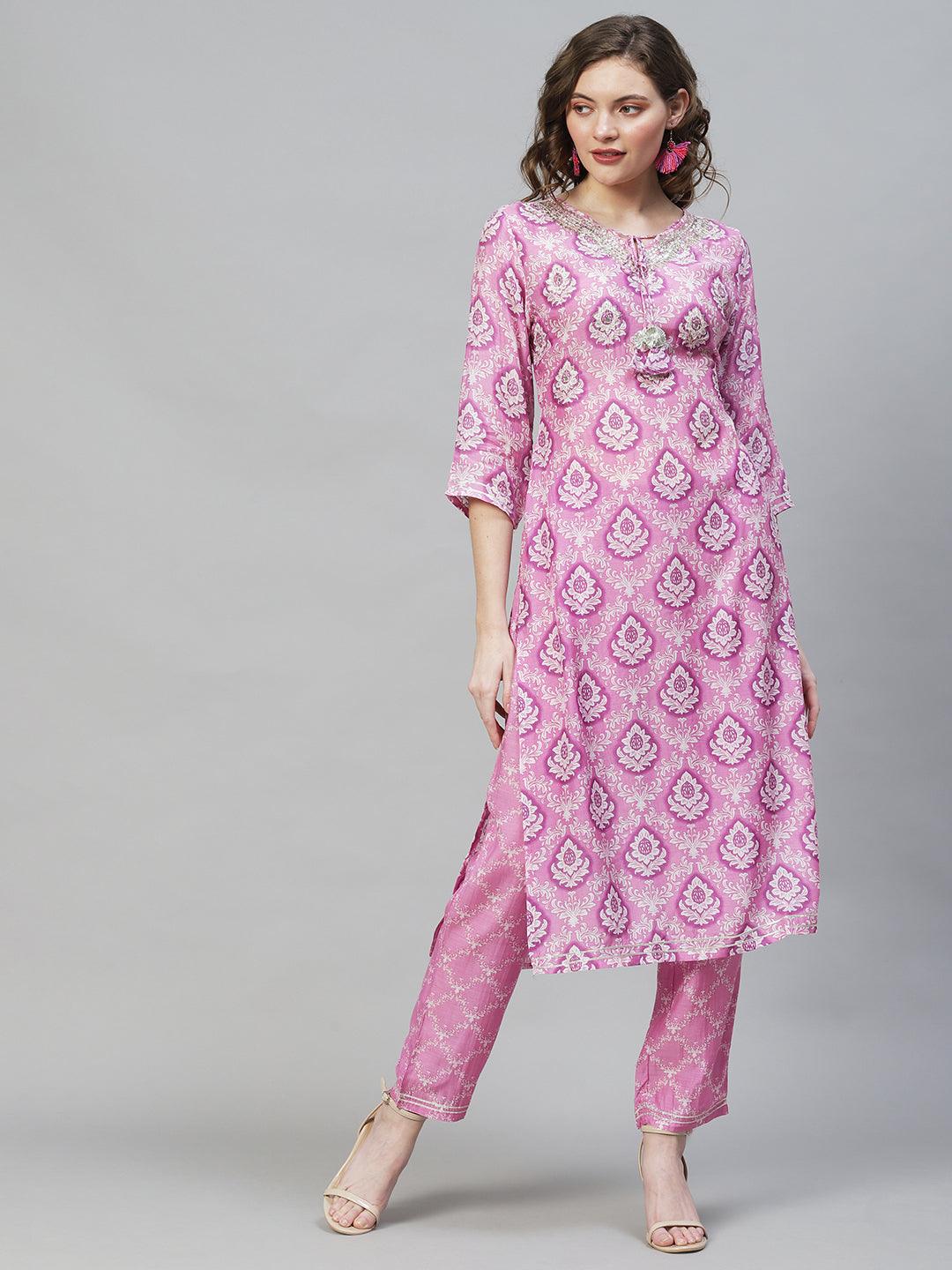 Ethnic Printed & Hand Embroidered Straight Fit Kurta with Pants - Purple - Indiakreations