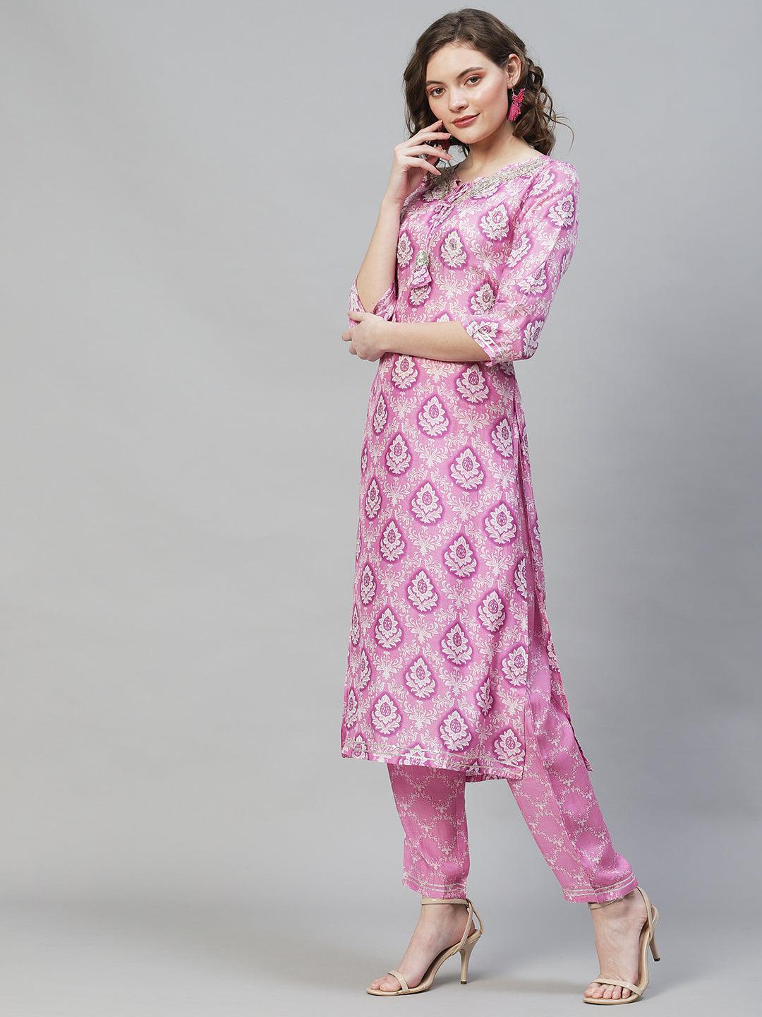 Ethnic Printed & Hand Embroidered Straight Fit Kurta with Pants - Purple - Indiakreations