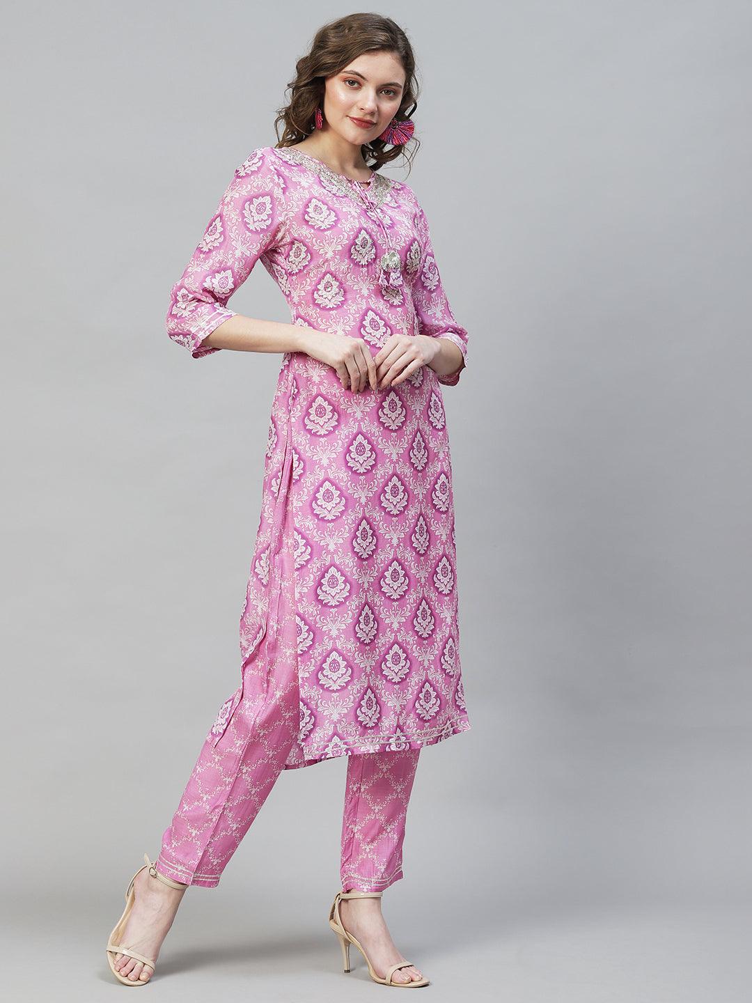 Ethnic Printed & Hand Embroidered Straight Fit Kurta with Pants - Purple - Indiakreations