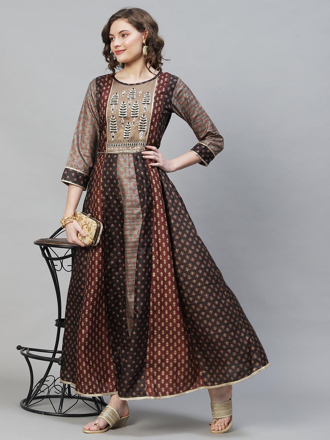 Ethnic Printed & Hand Embroidered Anarkali Flared Maxi Dress - Multi - Indiakreations