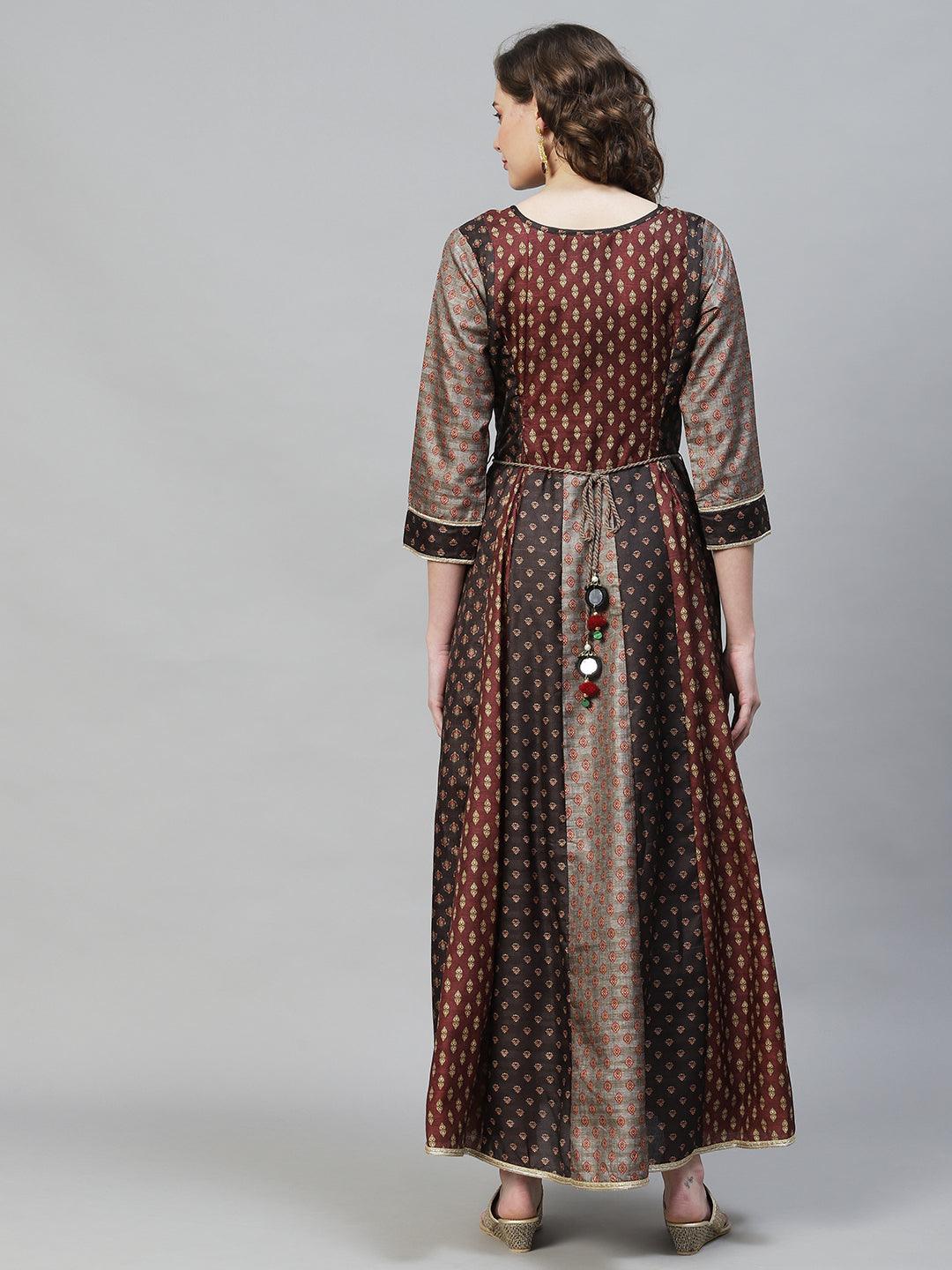 Ethnic Printed & Hand Embroidered Anarkali Flared Maxi Dress - Multi - Indiakreations