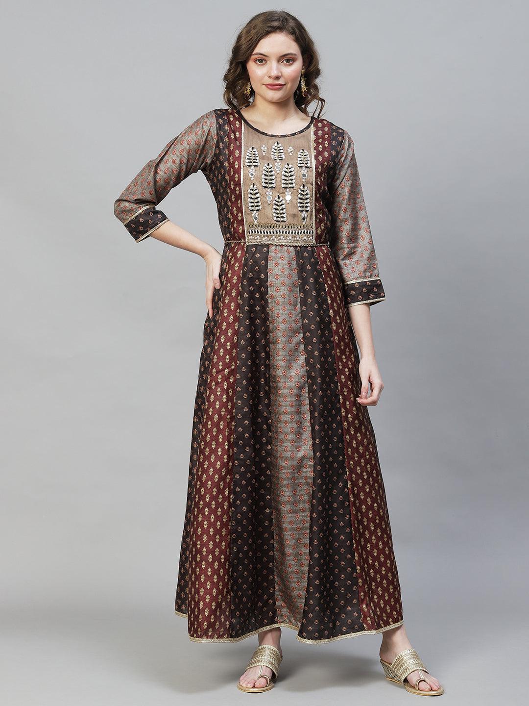 Ethnic Printed & Hand Embroidered Anarkali Flared Maxi Dress - Multi - Indiakreations