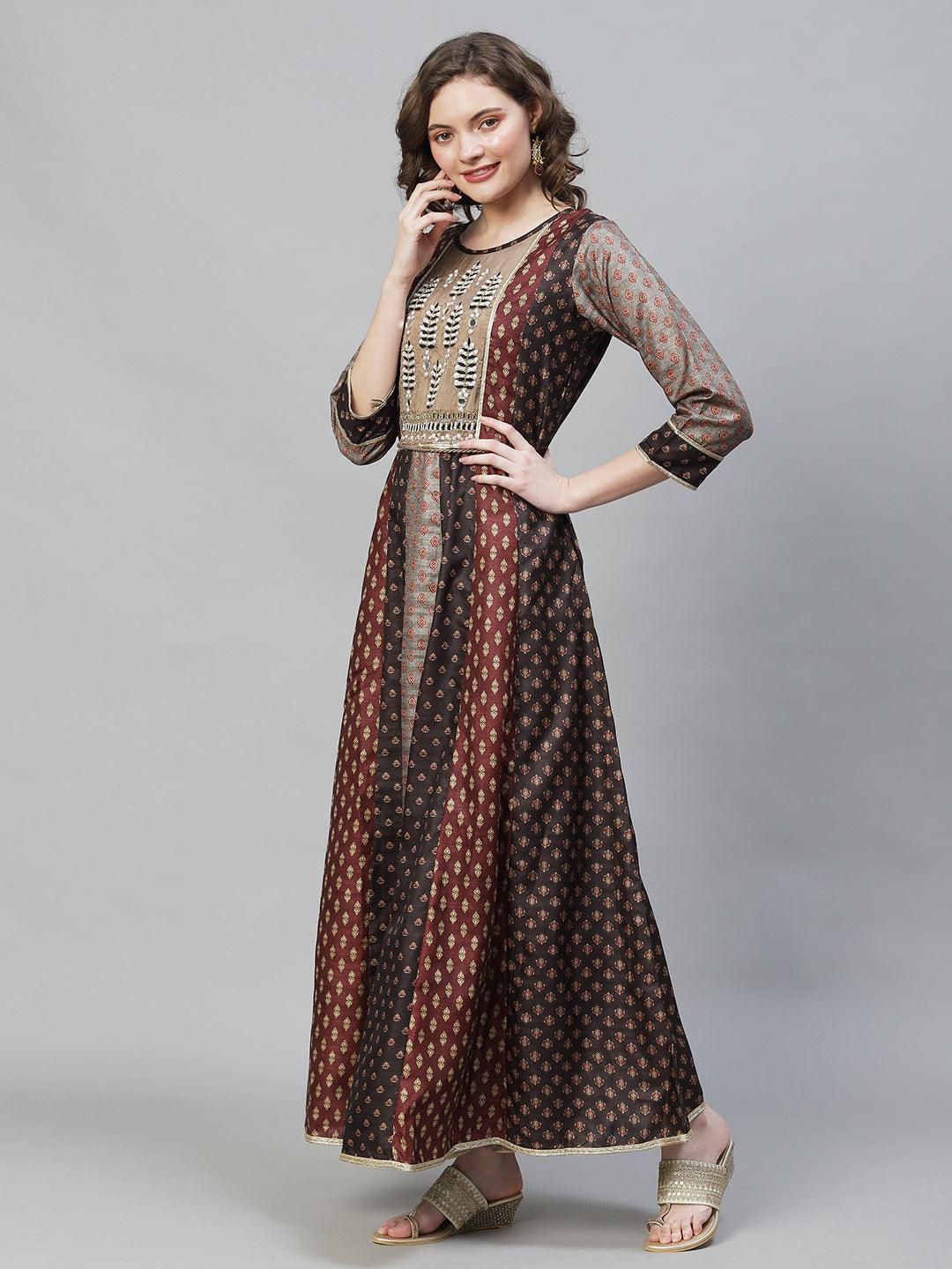 Ethnic Printed & Hand Embroidered Anarkali Flared Maxi Dress - Multi - Indiakreations