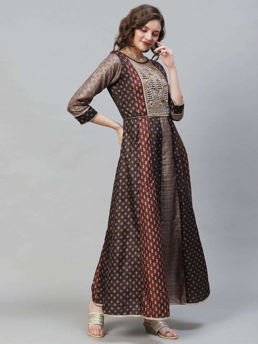 Ethnic Printed & Hand Embroidered Anarkali Flared Maxi Dress - Multi - Indiakreations