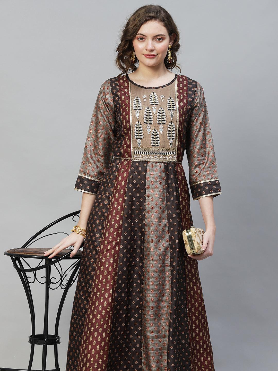 Ethnic Printed & Hand Embroidered Anarkali Flared Maxi Dress - Multi - Indiakreations