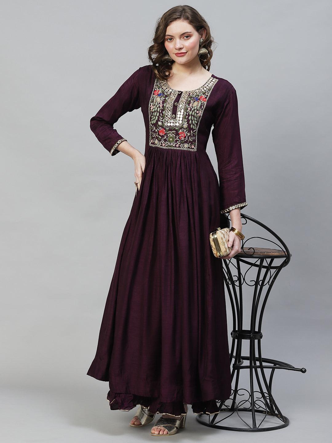 Floral Hand Embroidered Flared Maxi Dress - Deep Wine - Indiakreations