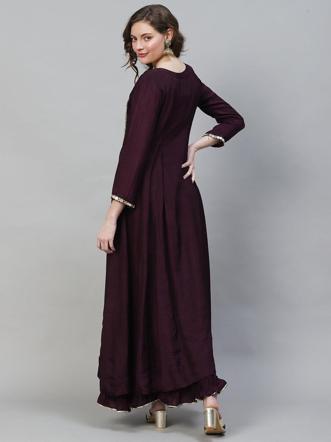 Floral Hand Embroidered Flared Maxi Dress - Deep Wine - Indiakreations