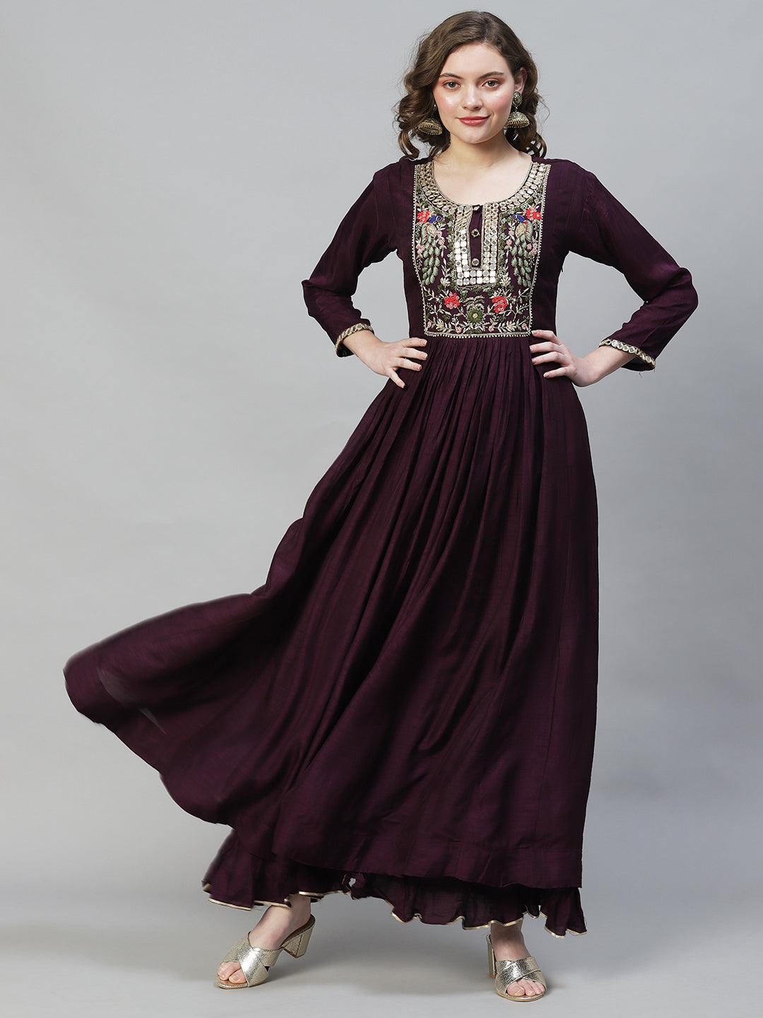 Floral Hand Embroidered Flared Maxi Dress - Deep Wine - Indiakreations