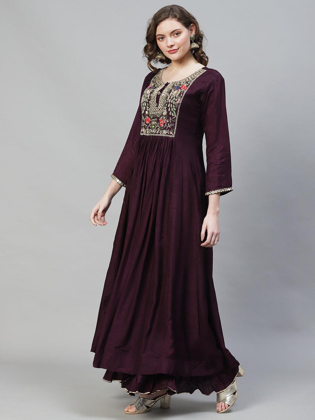 Floral Hand Embroidered Flared Maxi Dress - Deep Wine - Indiakreations