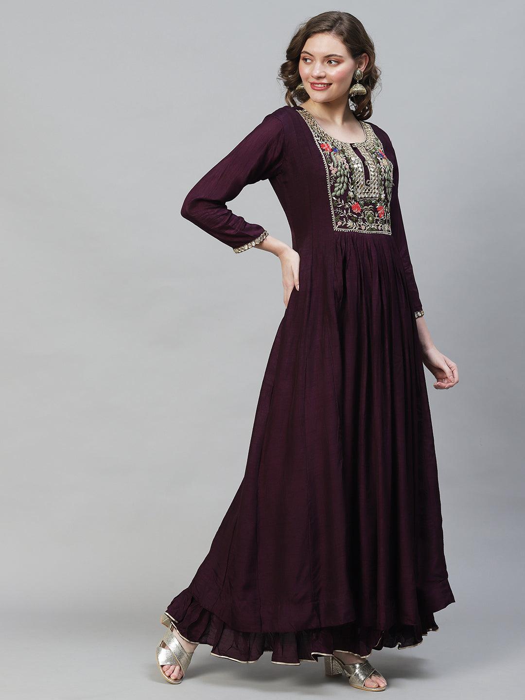 Floral Hand Embroidered Flared Maxi Dress - Deep Wine - Indiakreations