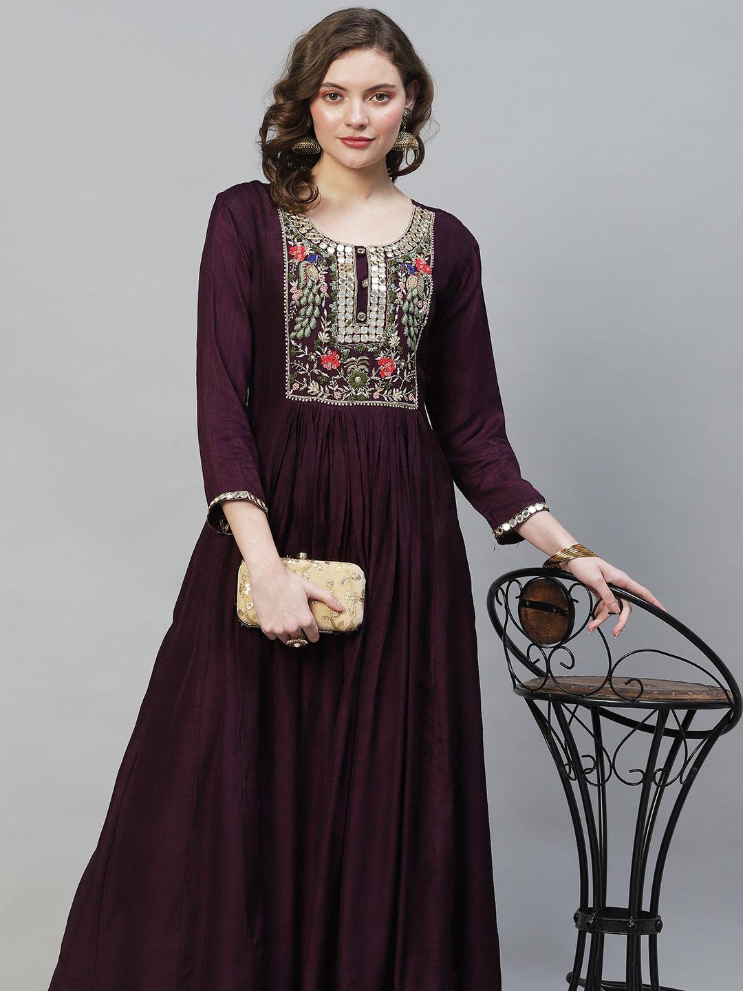 Floral Hand Embroidered Flared Maxi Dress - Deep Wine - Indiakreations