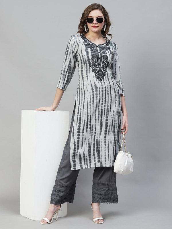 Tie-Dye Printed & Floral Embroidered Straight Fit Kurta - Squirrel Gray - Indiakreations