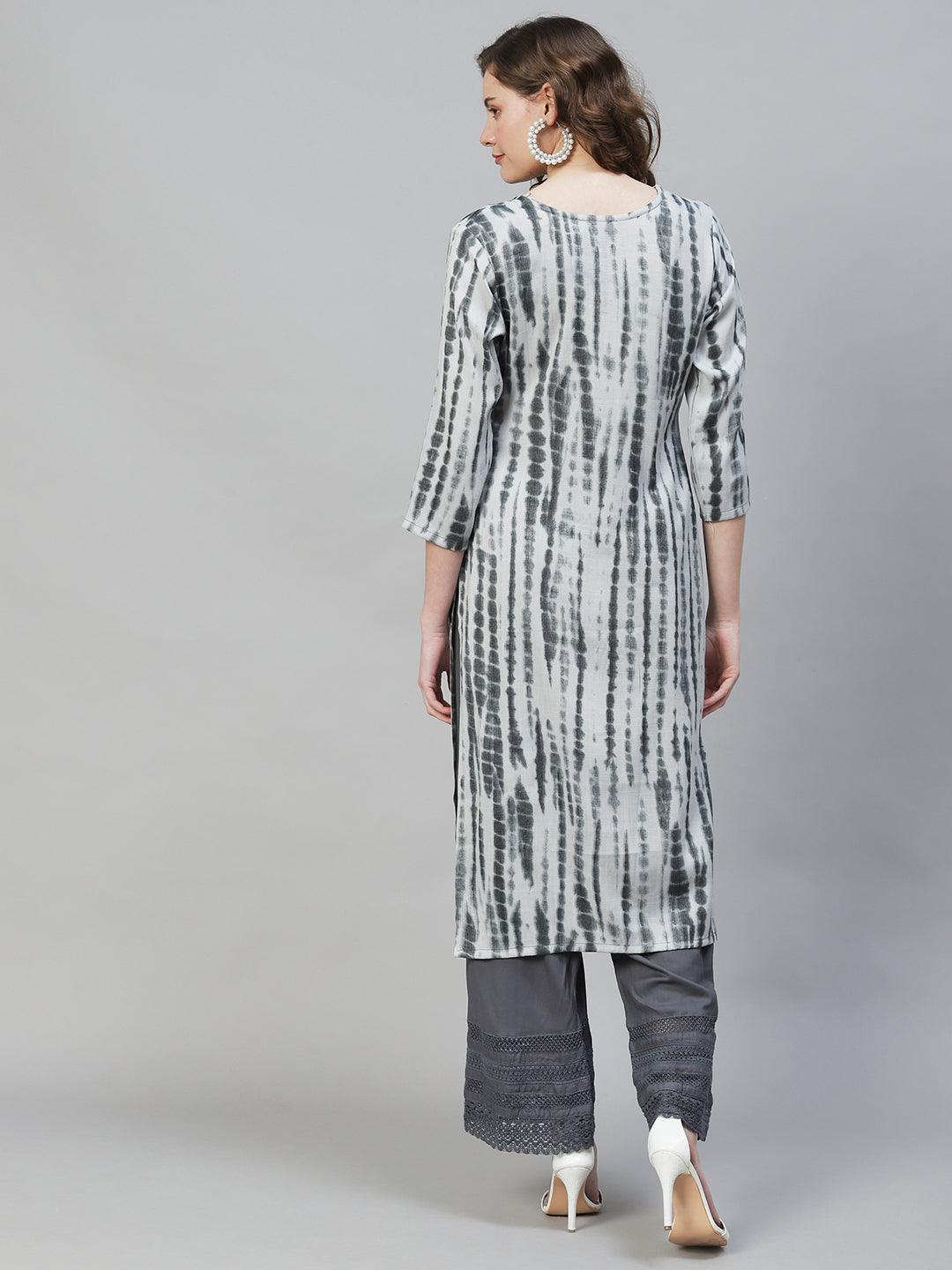 Tie-Dye Printed & Floral Embroidered Straight Fit Kurta - Squirrel Gray - Indiakreations