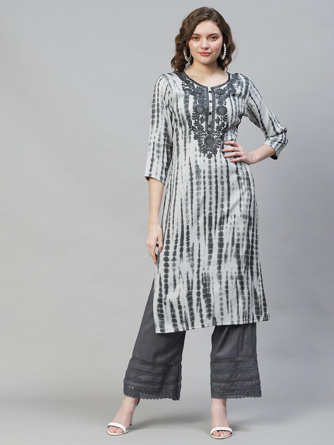 Tie-Dye Printed & Floral Embroidered Straight Fit Kurta - Squirrel Gray - Indiakreations