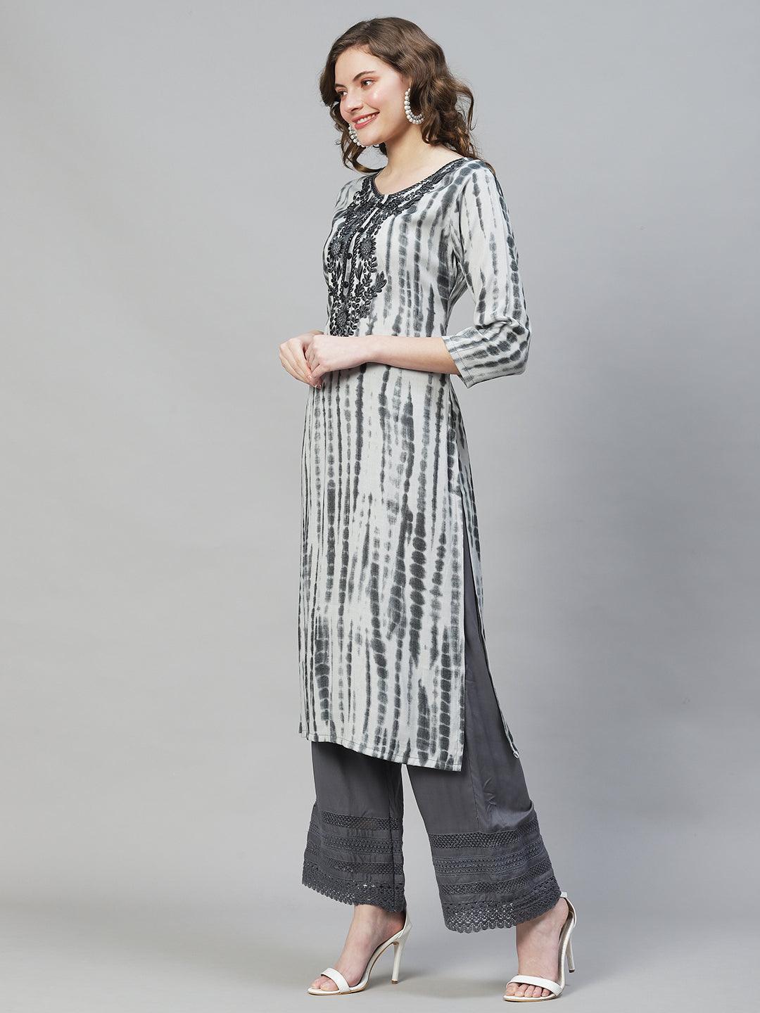 Tie-Dye Printed & Floral Embroidered Straight Fit Kurta - Squirrel Gray - Indiakreations