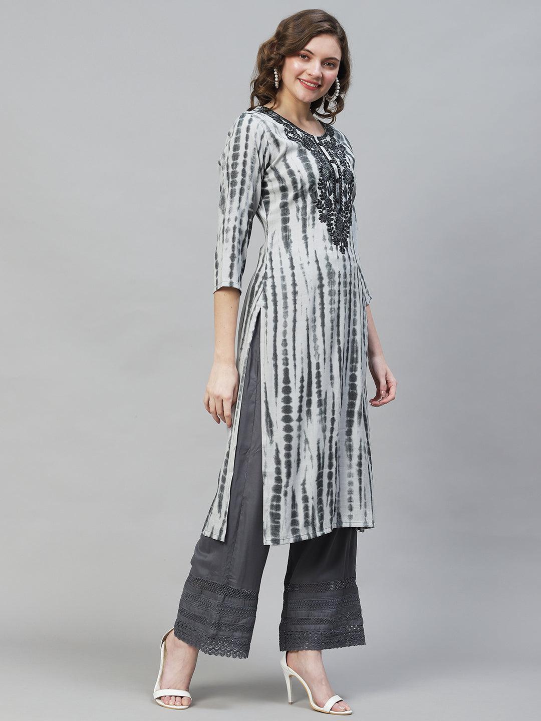 Tie-Dye Printed & Floral Embroidered Straight Fit Kurta - Squirrel Gray - Indiakreations