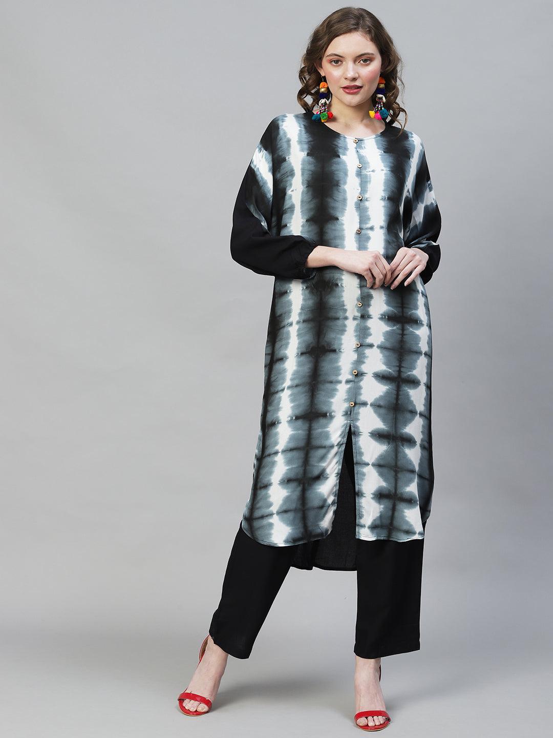 Tie-Dye Printed Straight Fit Kurta with Pants - Multi - Indiakreations