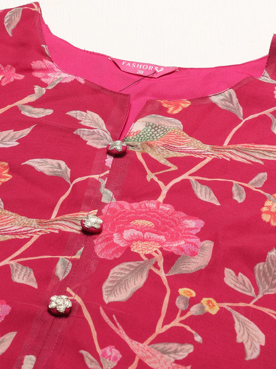 Floral Printed A-Line Kurta with Palazzo - Dark Pink - Indiakreations