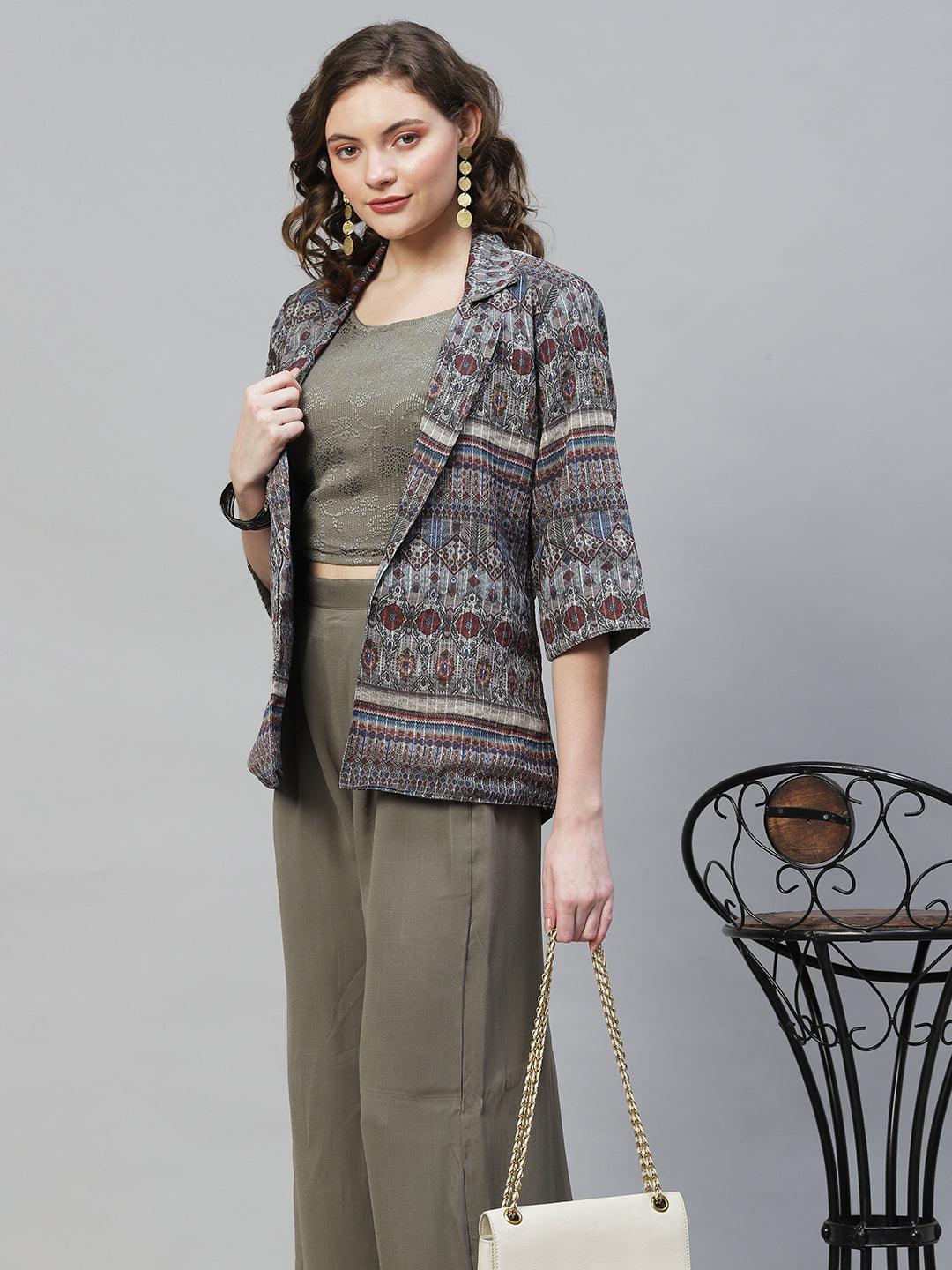 Ethnic Embroidered Top & Palazzo with Printed Blazer - Sage Green - Indiakreations