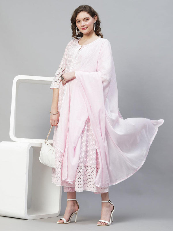 Ethnic Chikankari Embroidered Anarkali Kurta with Pants & Dupatta - Pink - Indiakreations