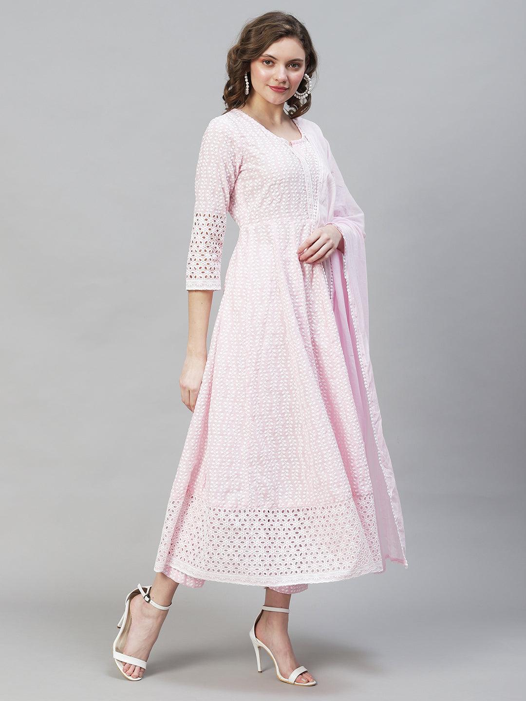 Ethnic Chikankari Embroidered Anarkali Kurta with Pants & Dupatta - Pink - Indiakreations