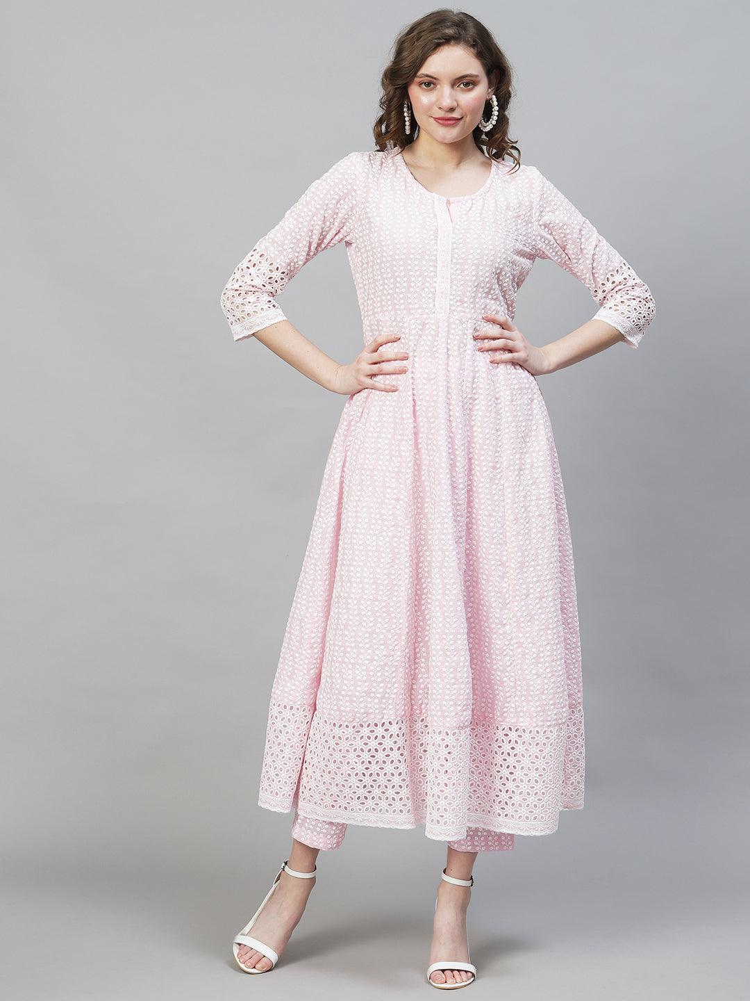 Ethnic Chikankari Embroidered Anarkali Kurta with Pants & Dupatta - Pink - Indiakreations