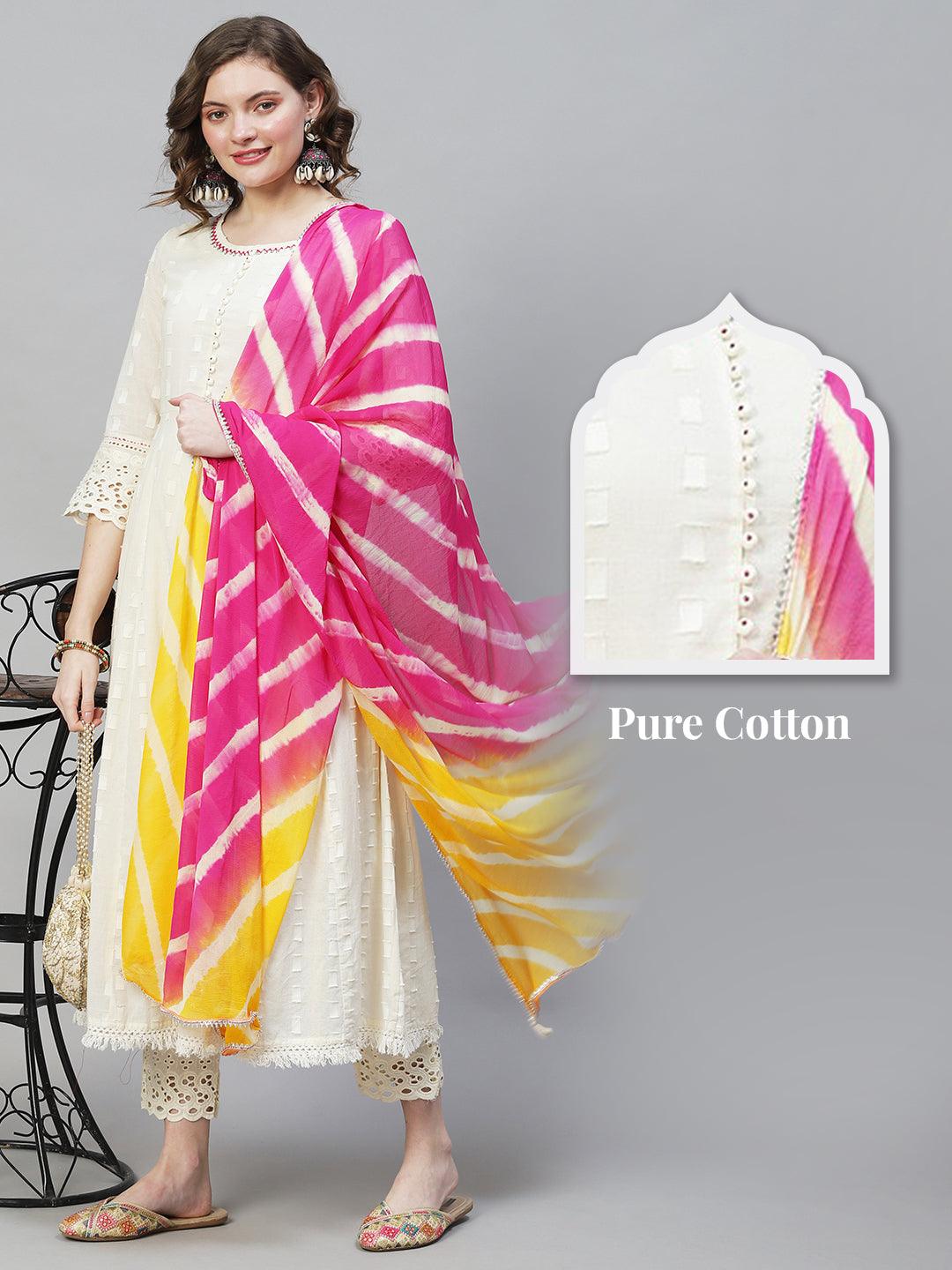 Ethnic Woven Anarkali Kurta with Pants & Dupatta - Off White - Indiakreations