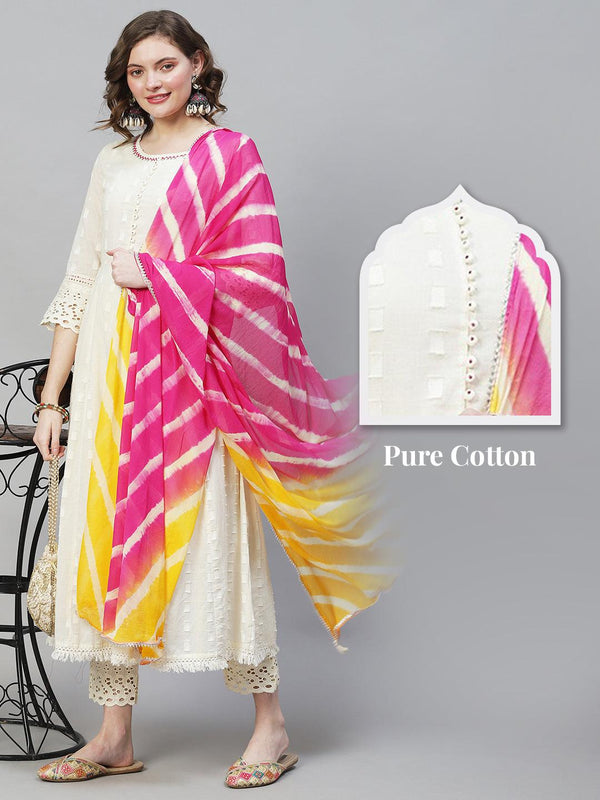 Ethnic Woven Anarkali Kurta with Pants & Dupatta - Off White - Indiakreations