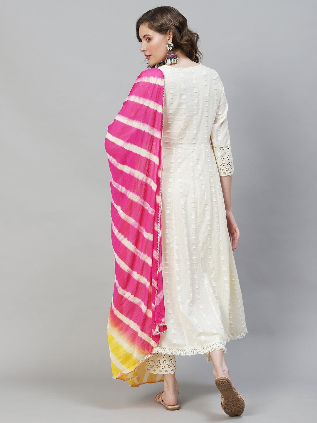 Ethnic Woven Anarkali Kurta with Pants & Dupatta - Off White - Indiakreations