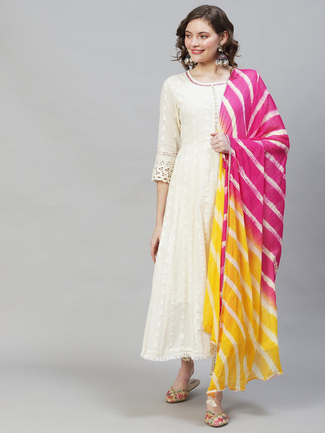 Ethnic Woven Anarkali Kurta with Pants & Dupatta - Off White - Indiakreations