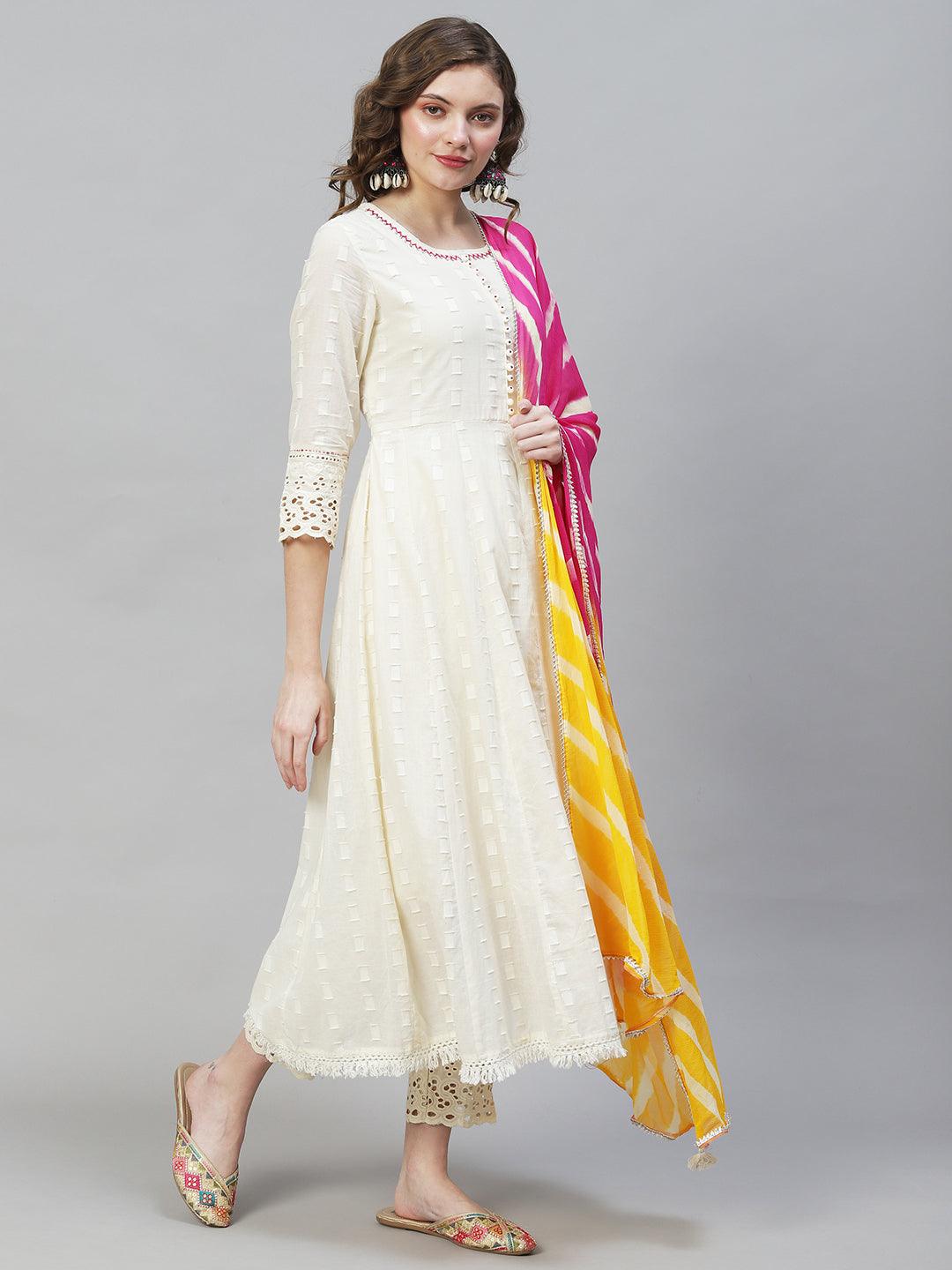 Ethnic Woven Anarkali Kurta with Pants & Dupatta - Off White - Indiakreations