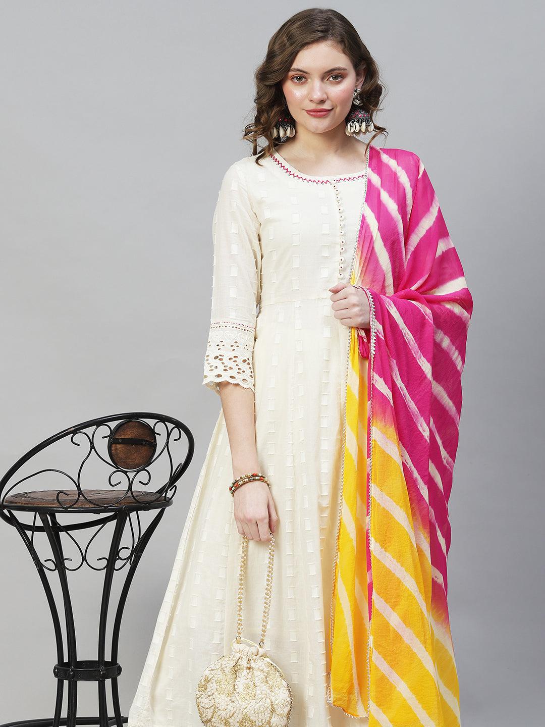 Ethnic Woven Anarkali Kurta with Pants & Dupatta - Off White - Indiakreations