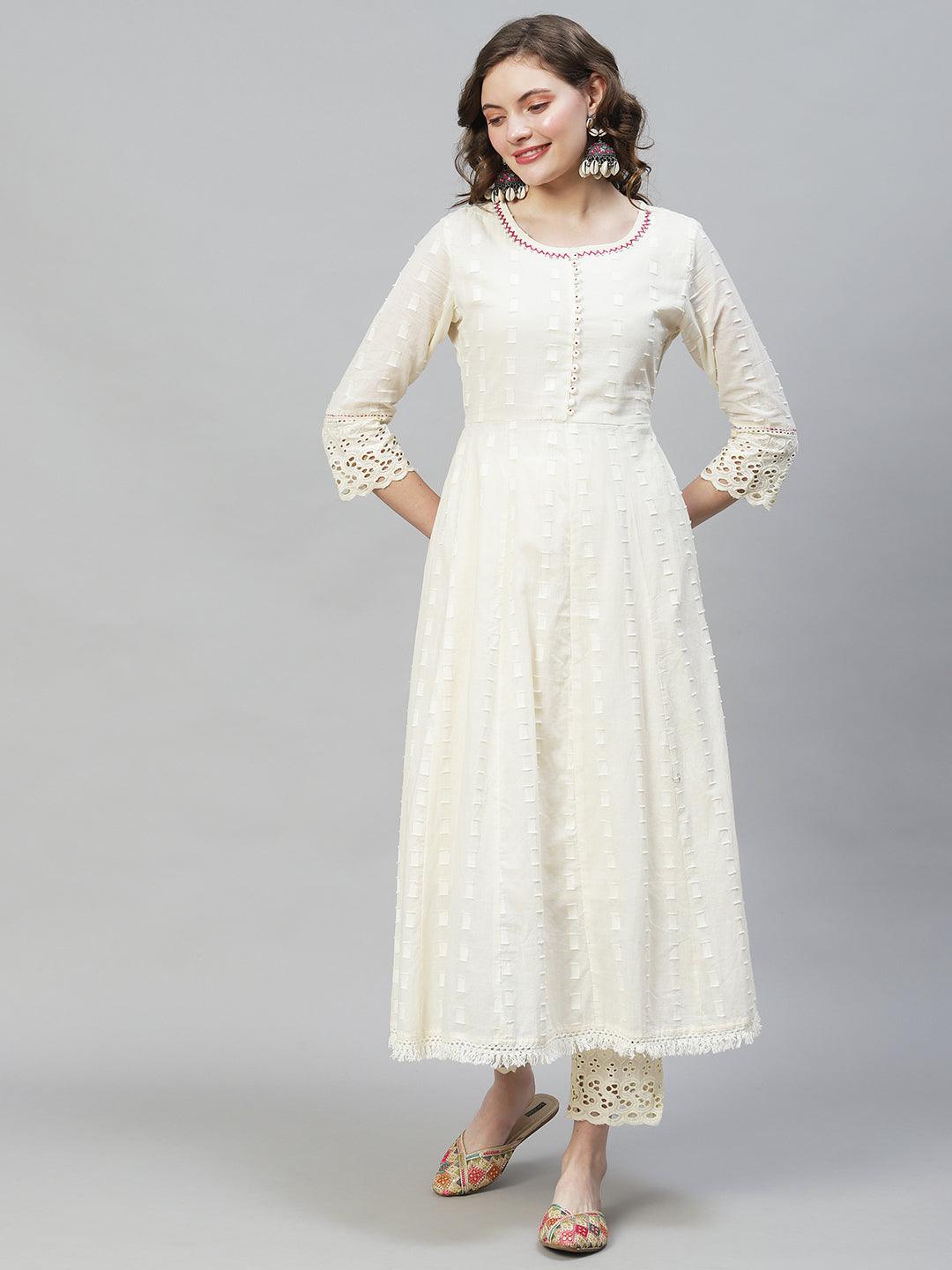 Ethnic Woven Anarkali Kurta with Pants & Dupatta - Off White - Indiakreations