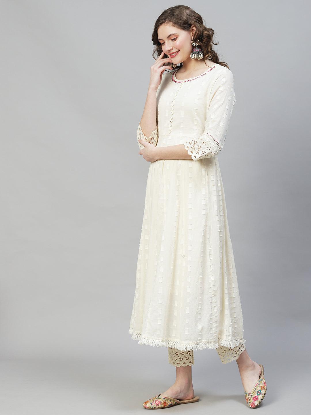 Ethnic Woven Anarkali Kurta with Pants & Dupatta - Off White - Indiakreations