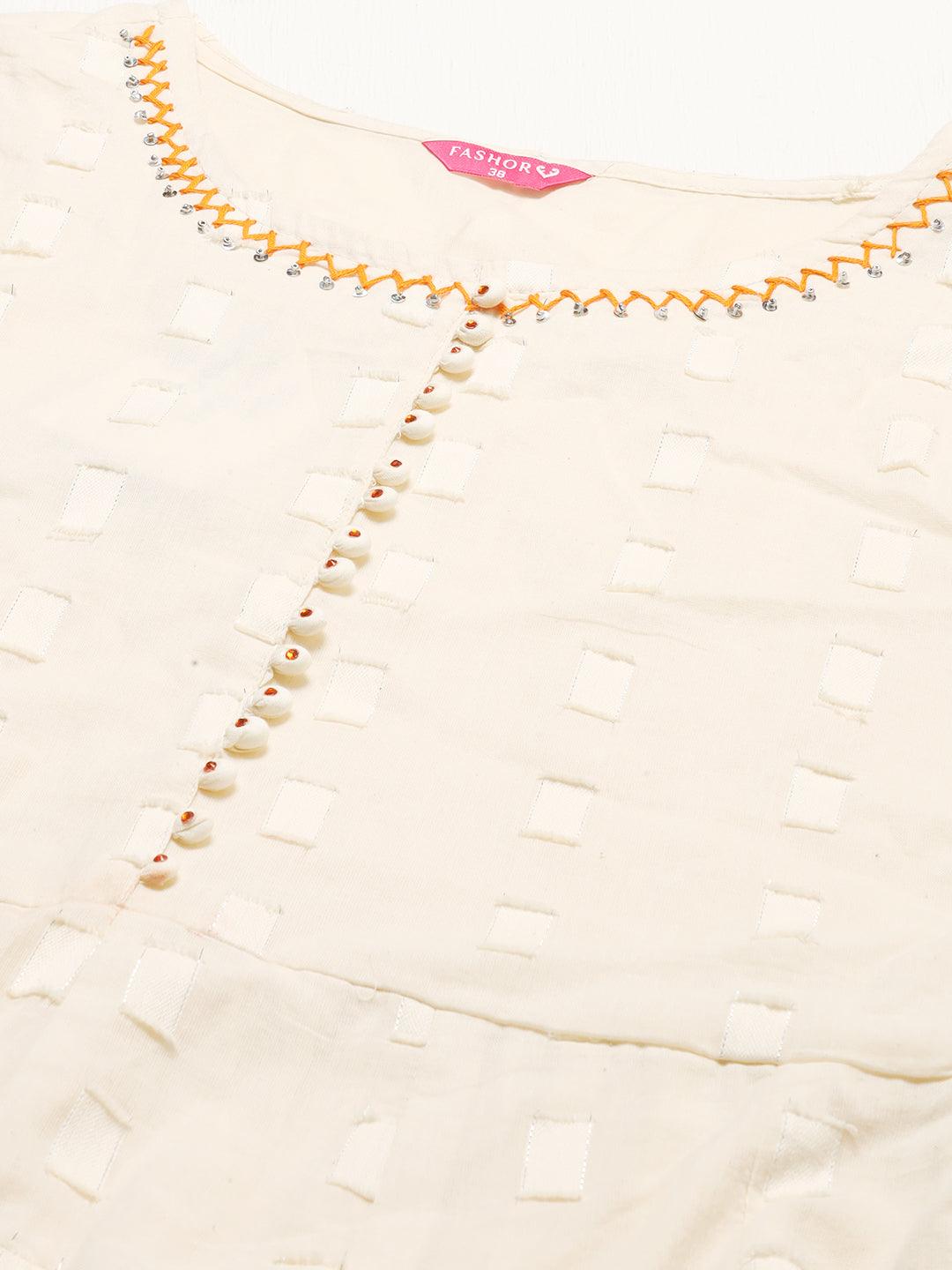 Ethnic Woven Anarkali Kurta with Pants & Dupatta - Off White - Indiakreations